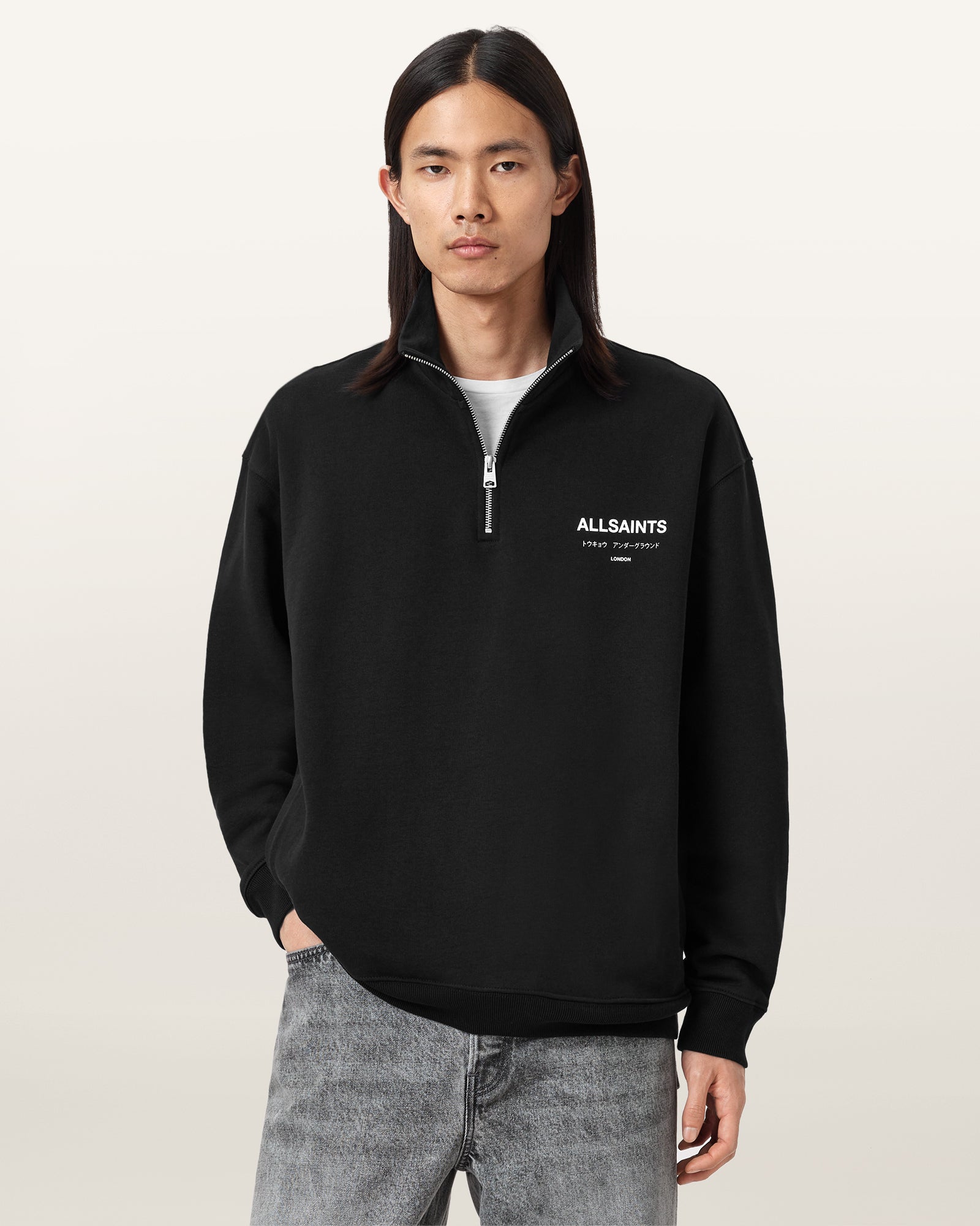 Jet Black Color Underground Half Zip Sweatshirt from AllSaints