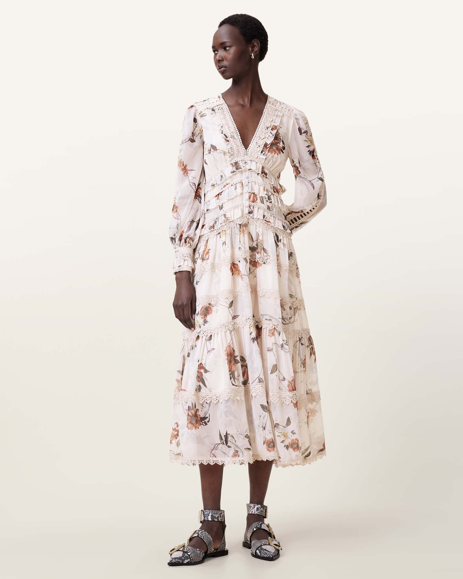 UNITY ECRU WHITE Color Zora Midi Dress from AllSaints