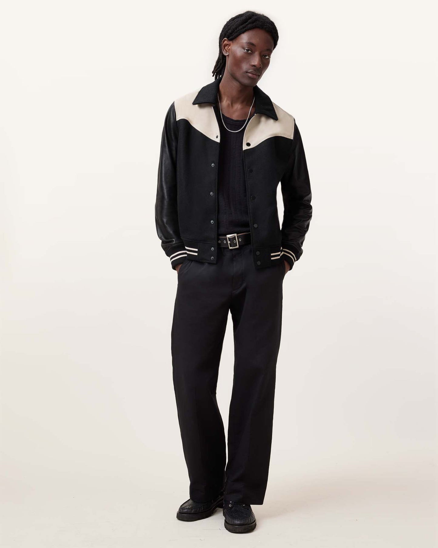 BLACK/ECRU WHITE Color Endleton Bomber Leather Jacket from AllSaints