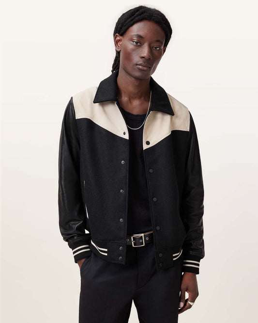 BLACK/ECRU WHITE Color Endleton Bomber Leather Jacket from AllSaints