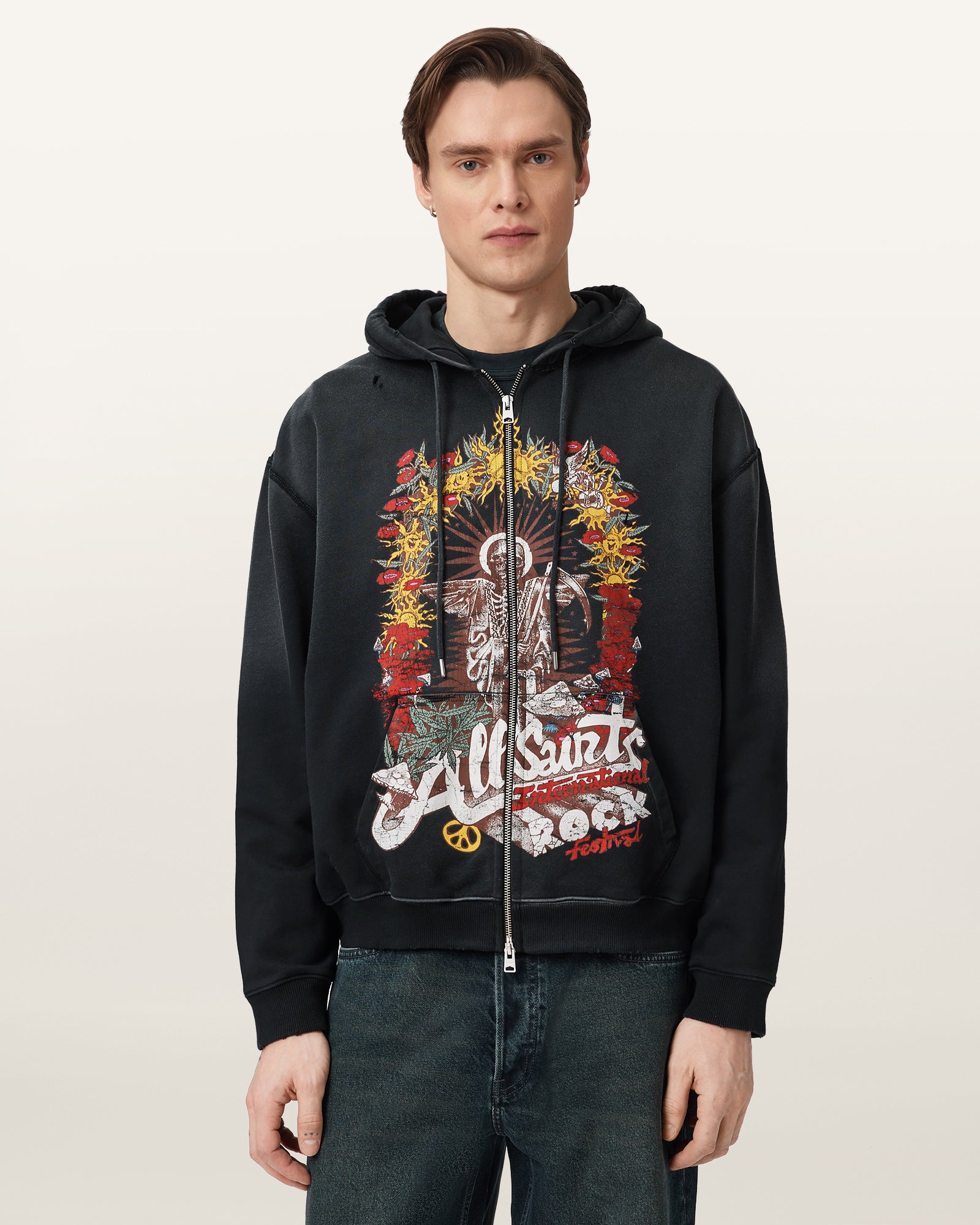Washed Black Color Roque Zip Hoody from AllSaints