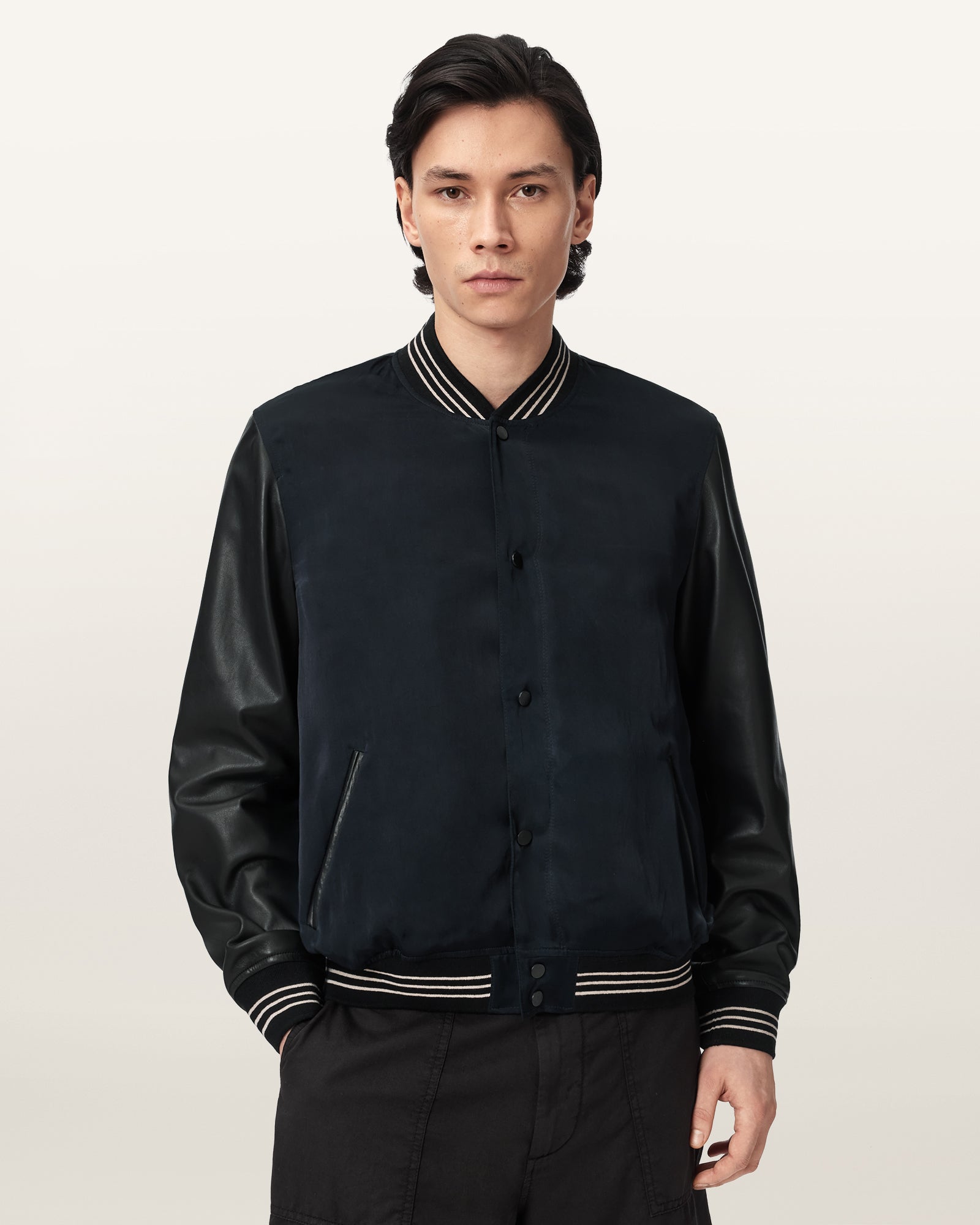 Navy/Black Color Taishi Bomber Leather Jacket from AllSaints