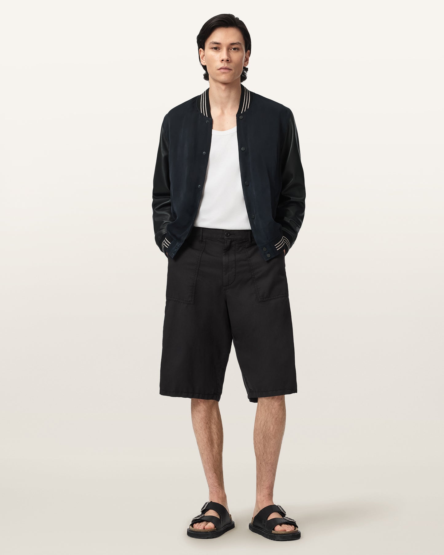 Navy/Black Color Taishi Bomber Leather Jacket from AllSaints