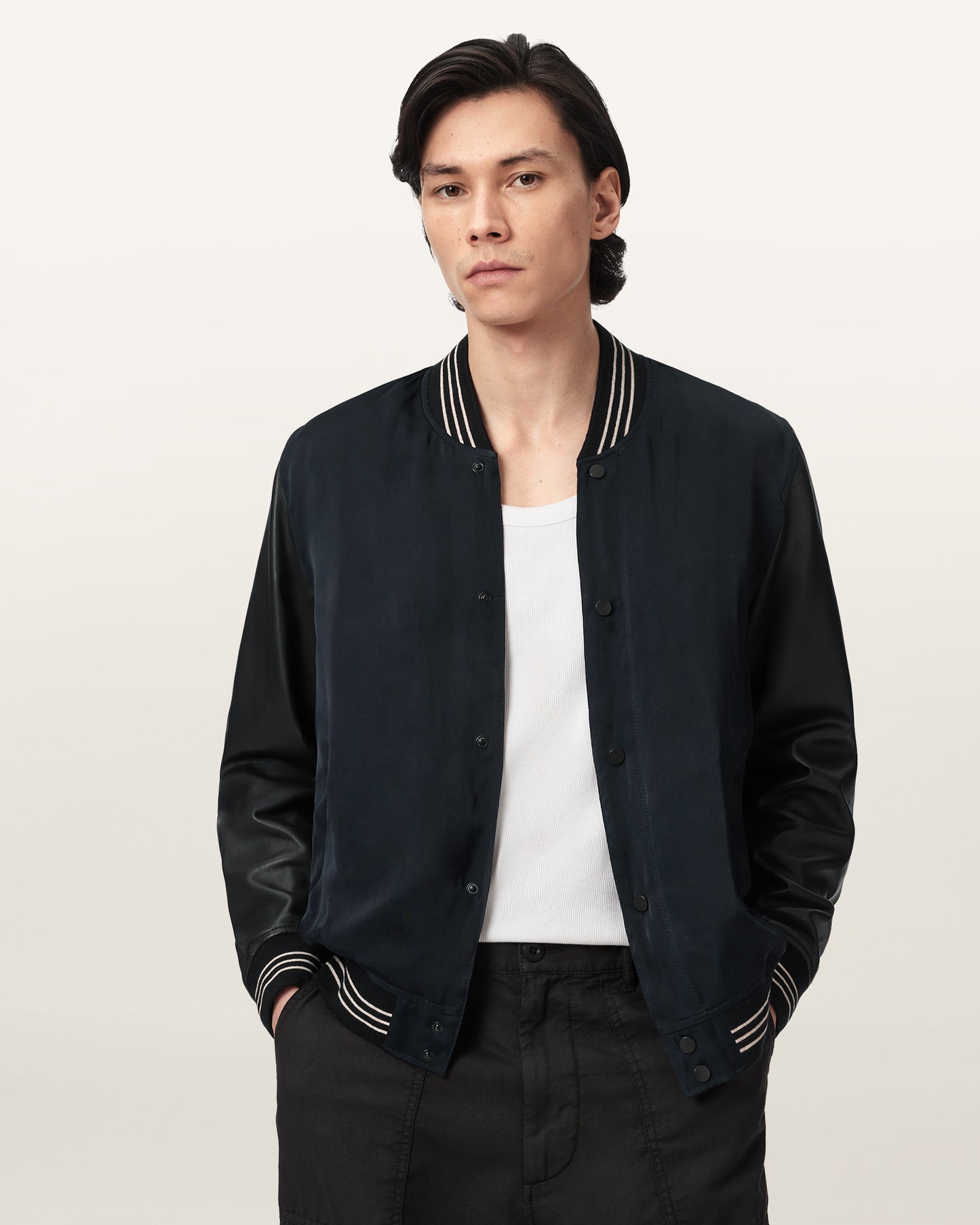 Navy/Black Color Taishi Bomber Leather Jacket from AllSaints