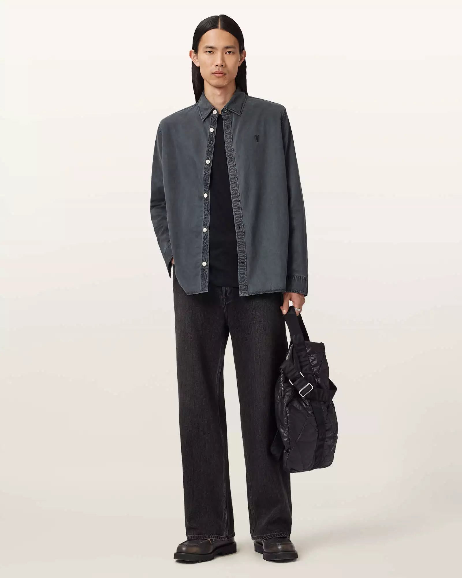 Washed Black Color Bodhi LS Overshirt from AllSaints