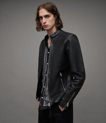Allsaints Men's Cora Full Zip Leather Moto Jacket Solid Black Size L