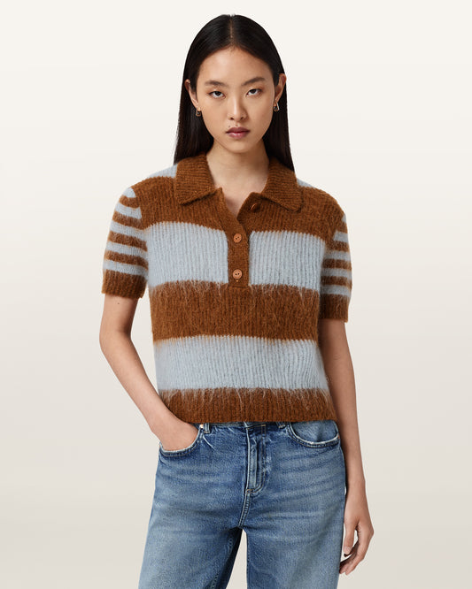 STEEL BLUE/COGNAC Color Clem Polo Tee from AllSaints