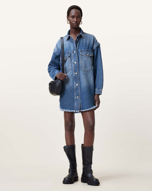 Mid Indigo Color Faye Oversized Denim Shacket Dress from AllSaints