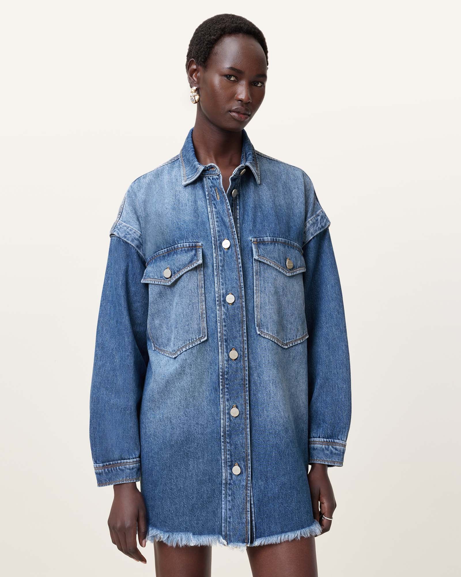 Mid Indigo Color Faye Oversized Denim Shacket Dress from AllSaints