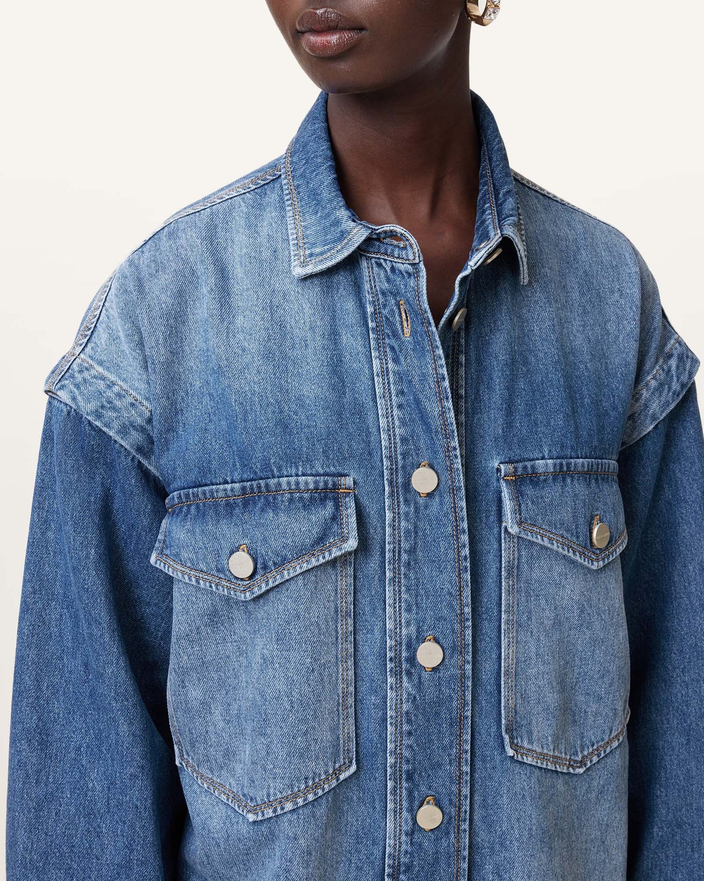 Mid Indigo Color Faye Oversized Denim Shacket Dress from AllSaints