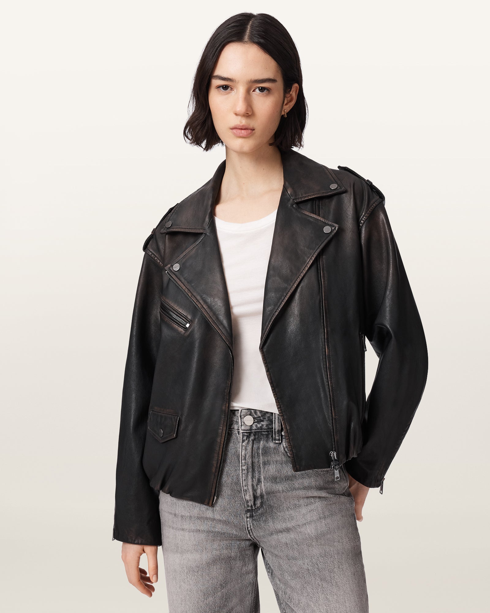 Black/Brown Color Samina Biker Leather Jacket from AllSaints
