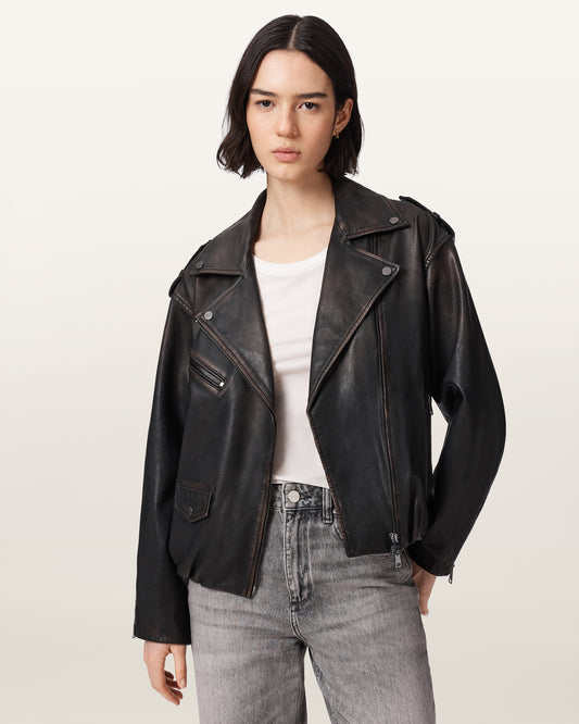 Black/Brown Color Samina Biker Leather Jacket from AllSaints