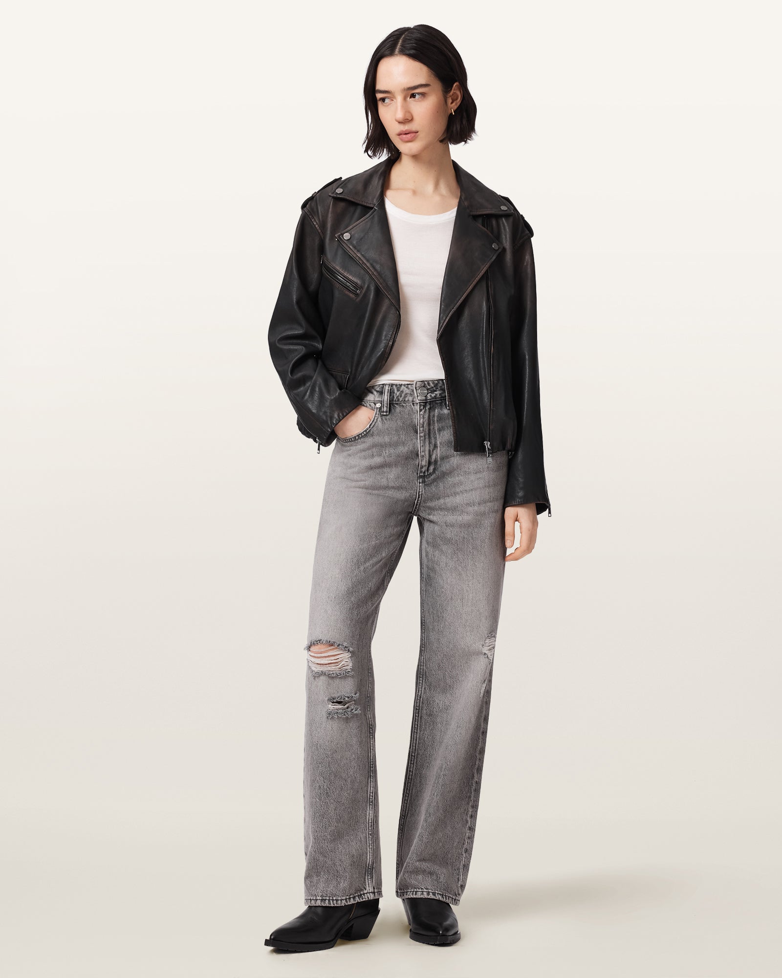 Black/Brown Color Samina Biker Leather Jacket from AllSaints