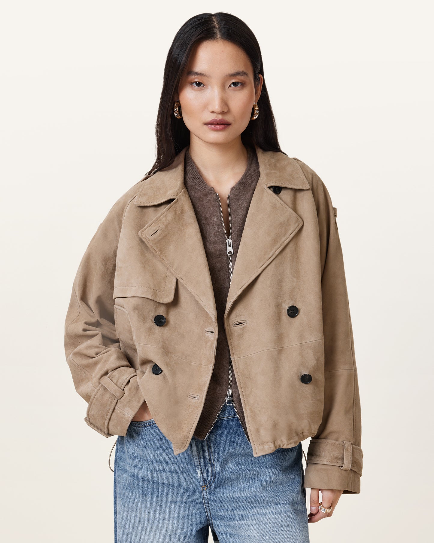 GREIGE BROWN Color Reya Cropped Mac from AllSaints