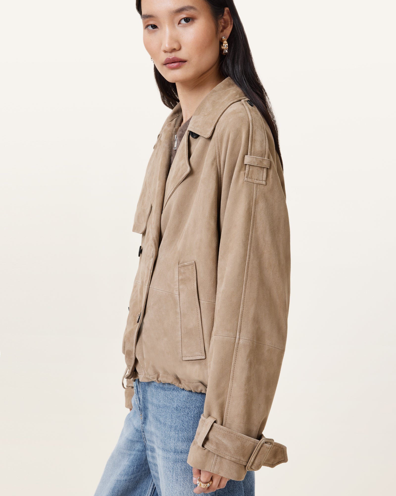 GREIGE BROWN Color Reya Cropped Mac from AllSaints