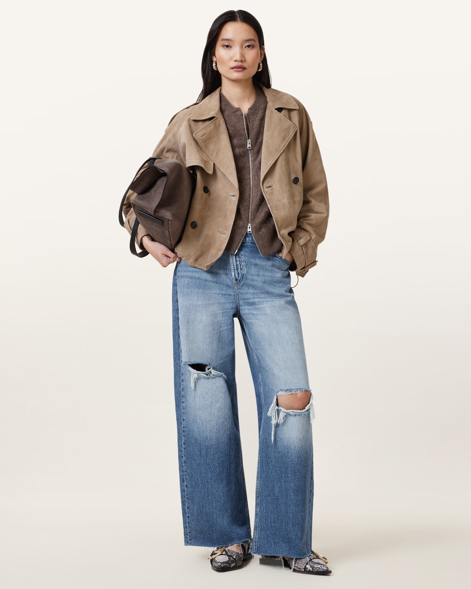 GREIGE BROWN Color Reya Cropped Mac from AllSaints