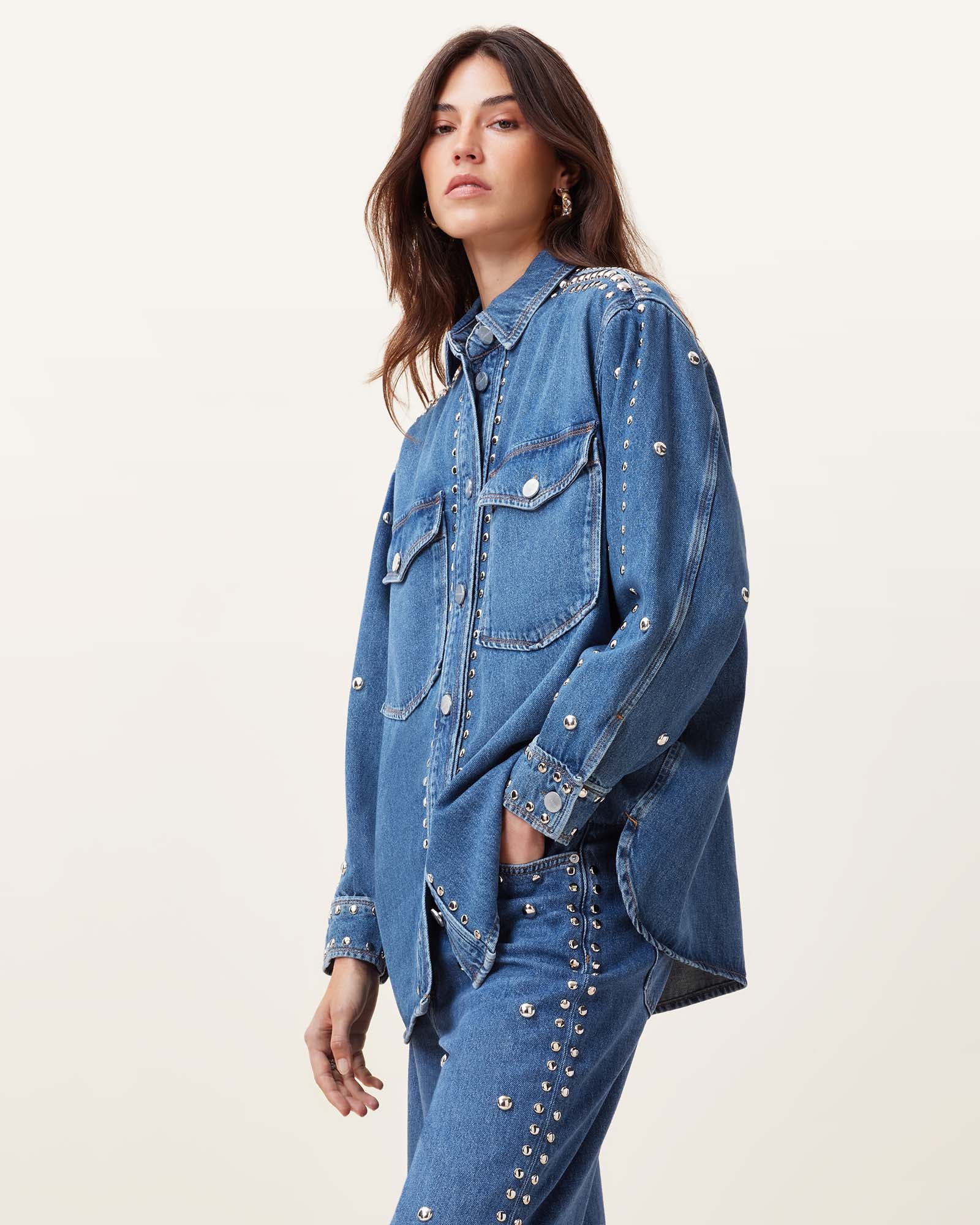 Mid Indigo Color Alba Stud Shirt from AllSaints