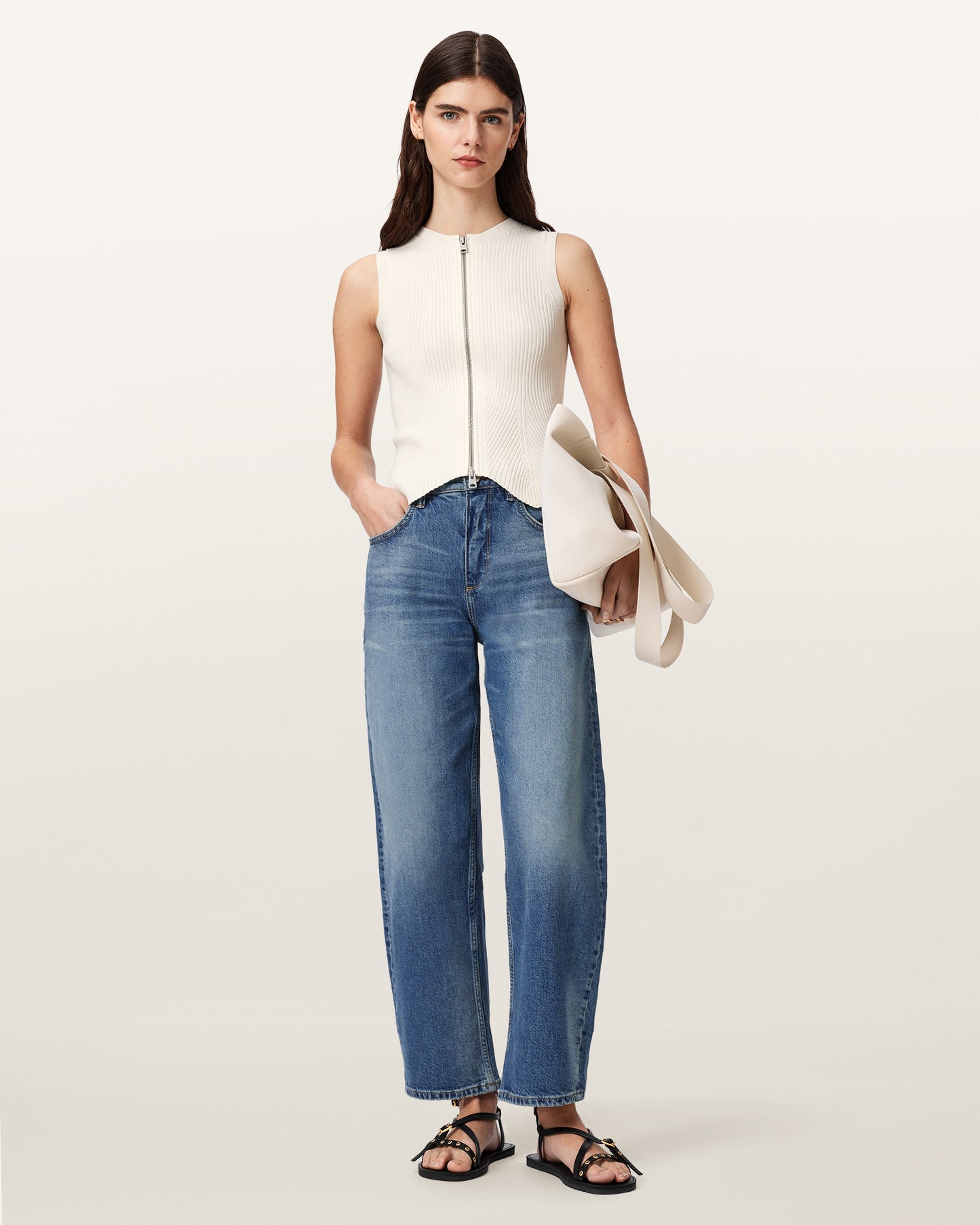 Chalk White Color Cruz Zip Waistcoat Knit from AllSaints