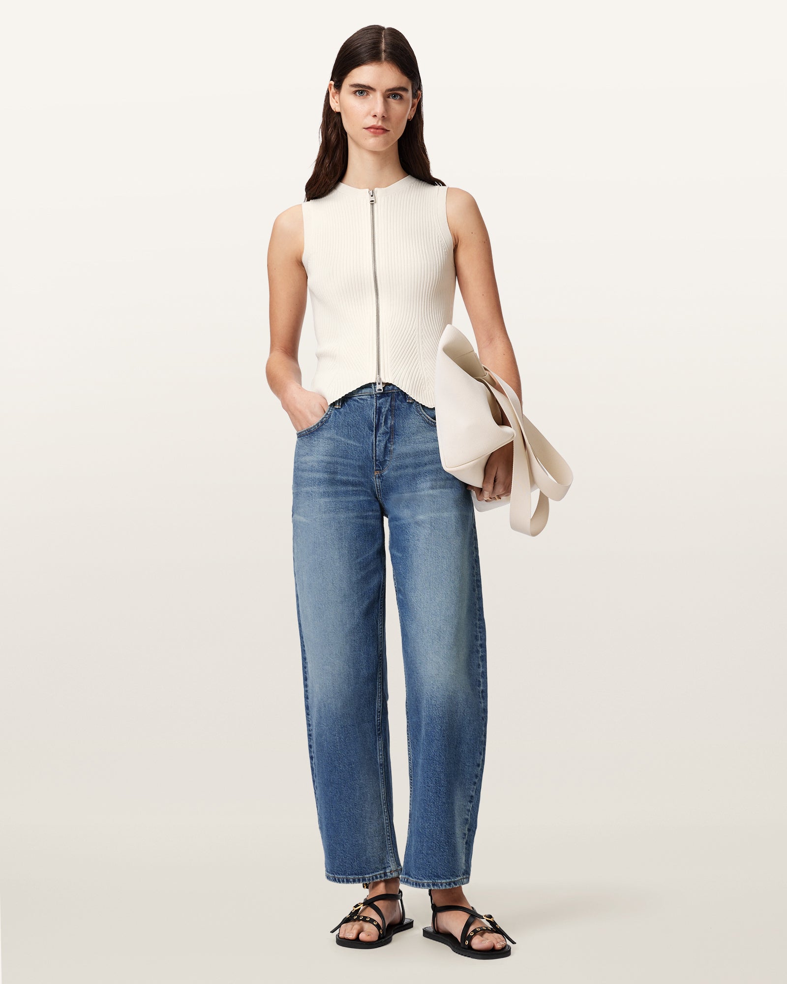 Chalk White Color Cruz Zip Waistcoat Knit from AllSaints