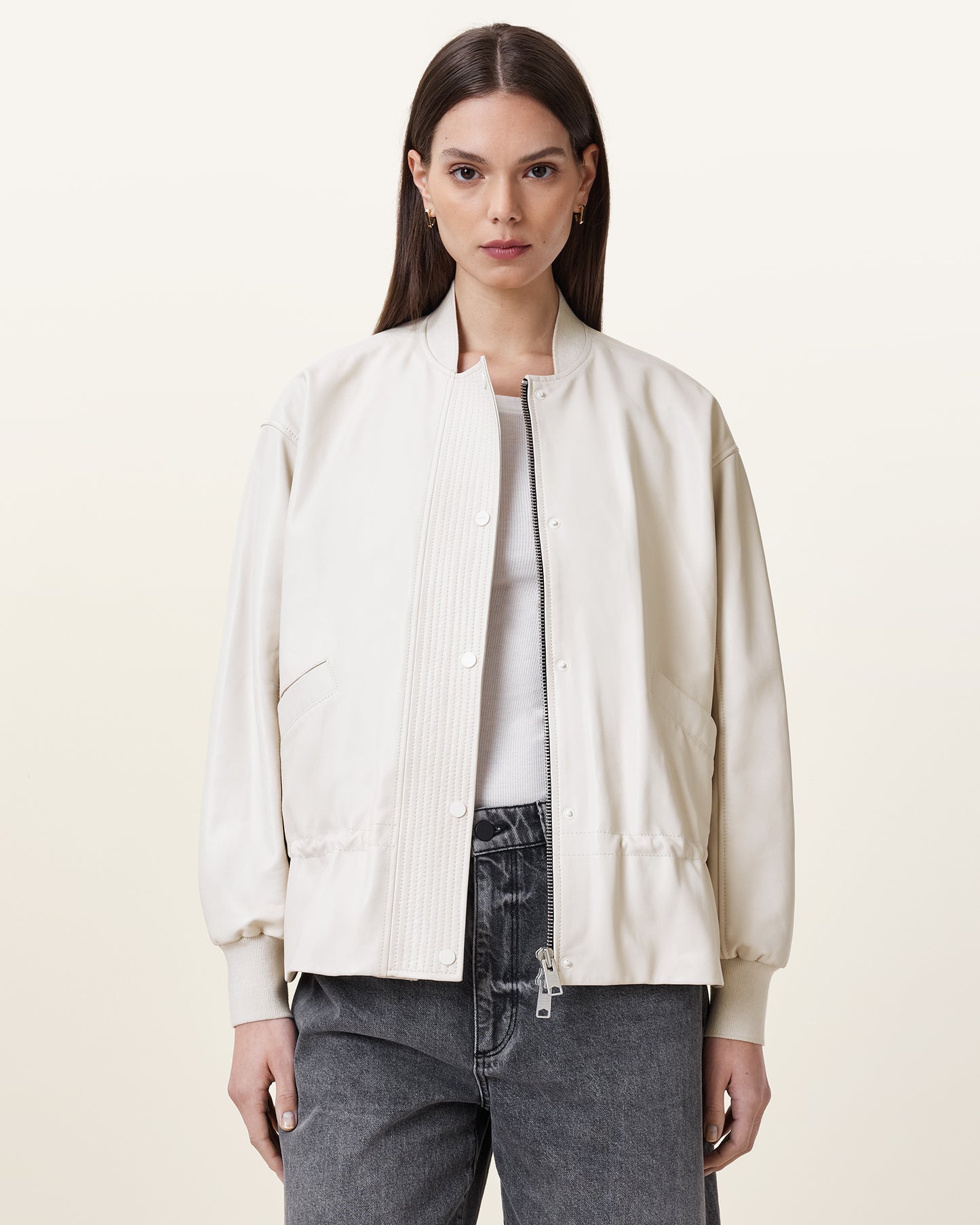 Off White Color Sofi Leather Bomber from AllSaints