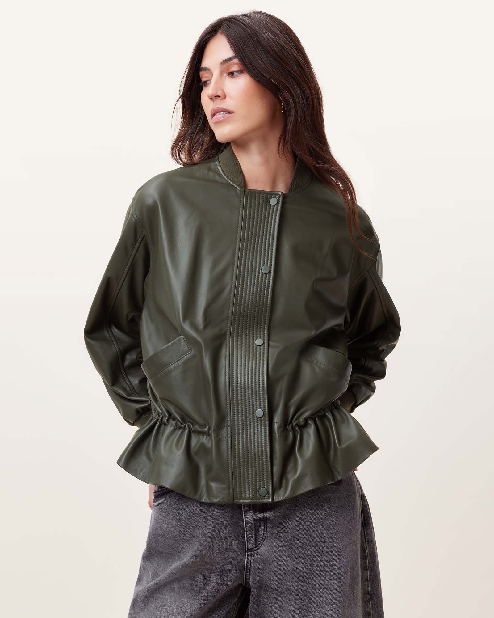 Military Green Color Sofi Leather Bomber Jacket from AllSaints