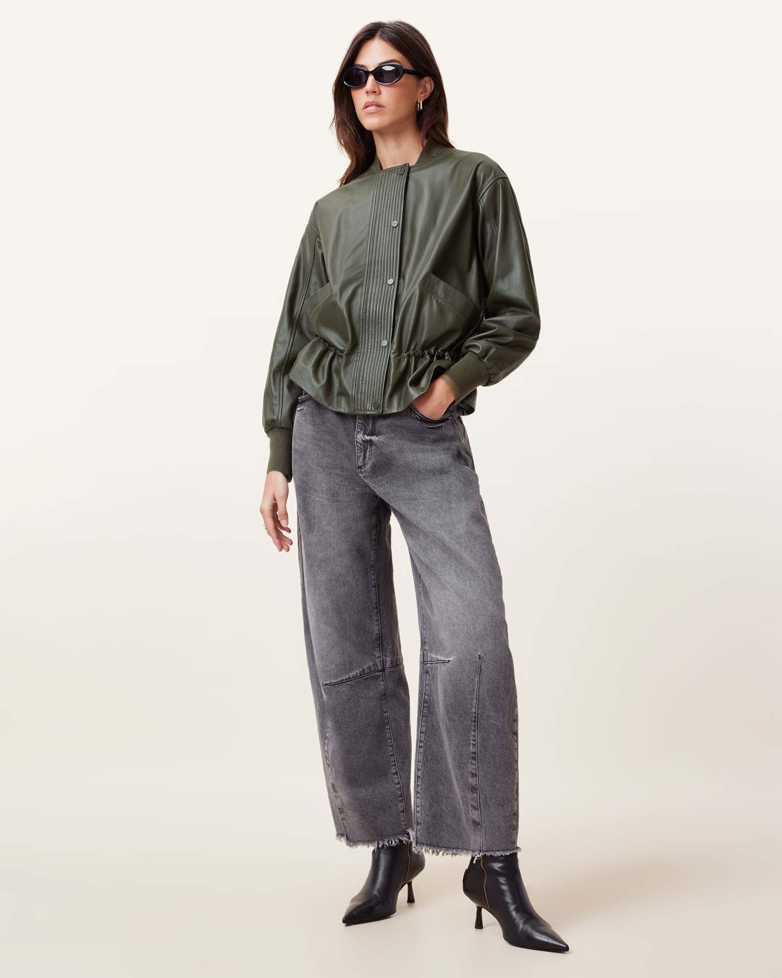 Military Green Color Sofi Leather Bomber Jacket from AllSaints