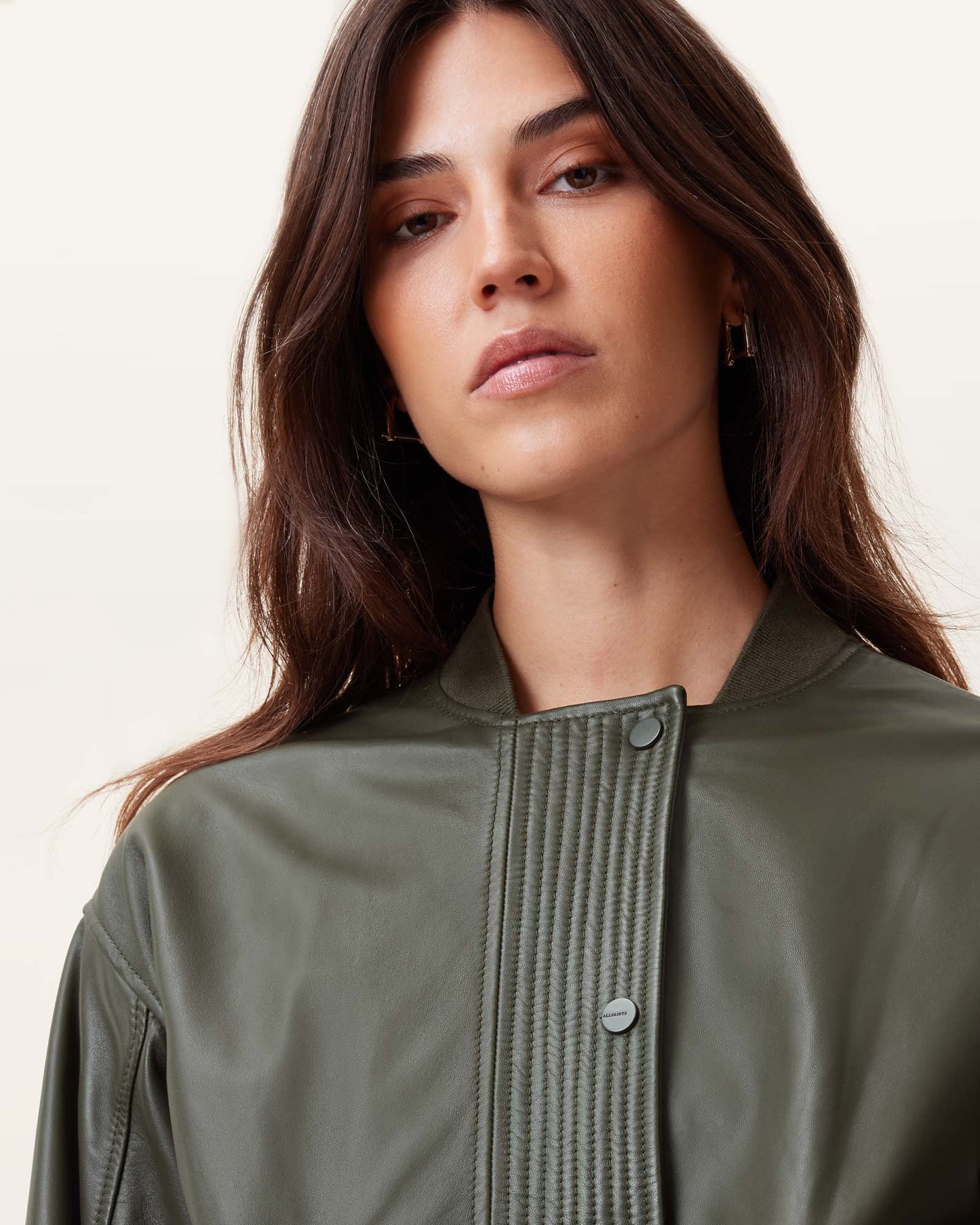 Military Green Color Sofi Leather Bomber Jacket from AllSaints