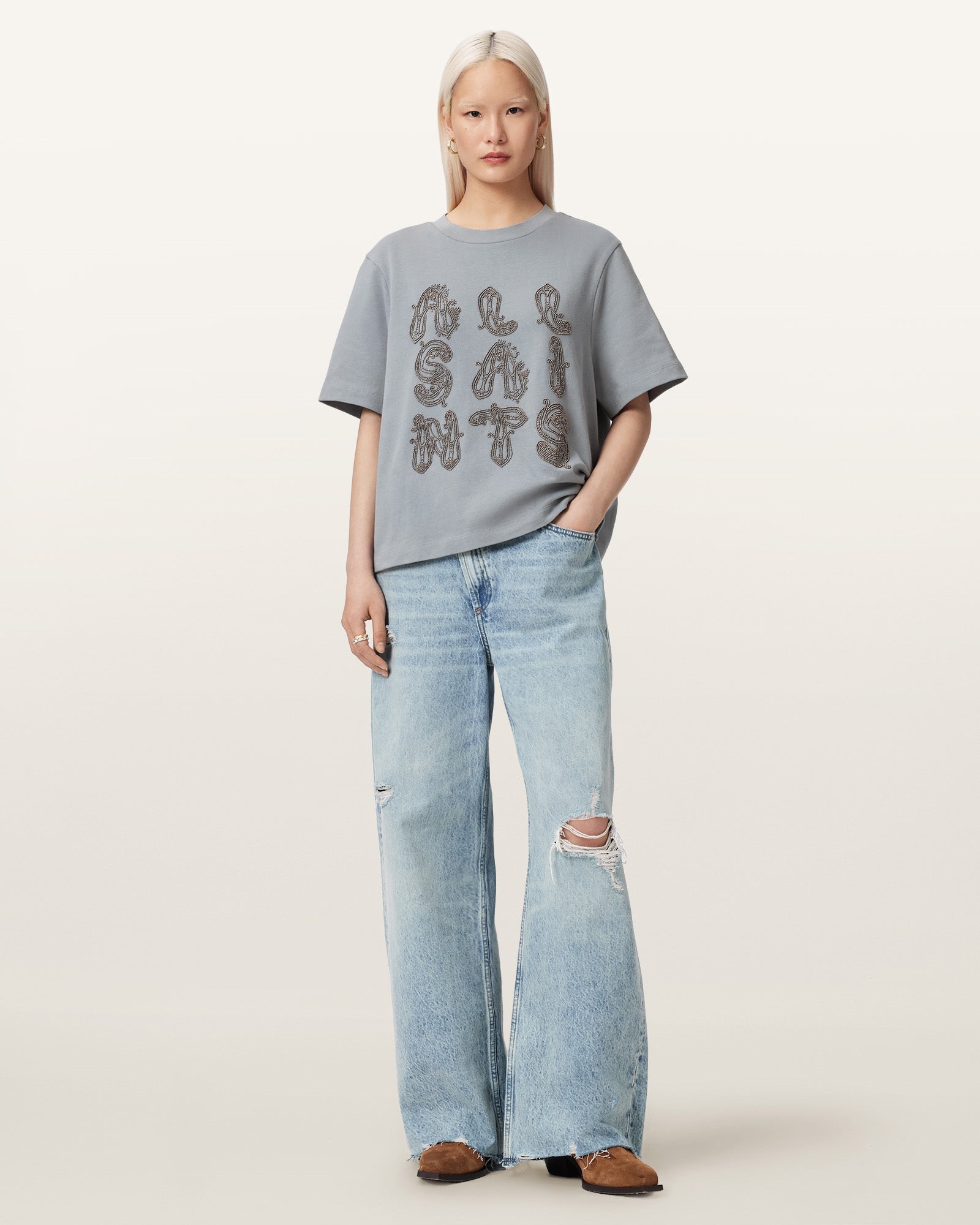 QUARRY BLUE Color Ella Emb Lisa Tee from AllSaints