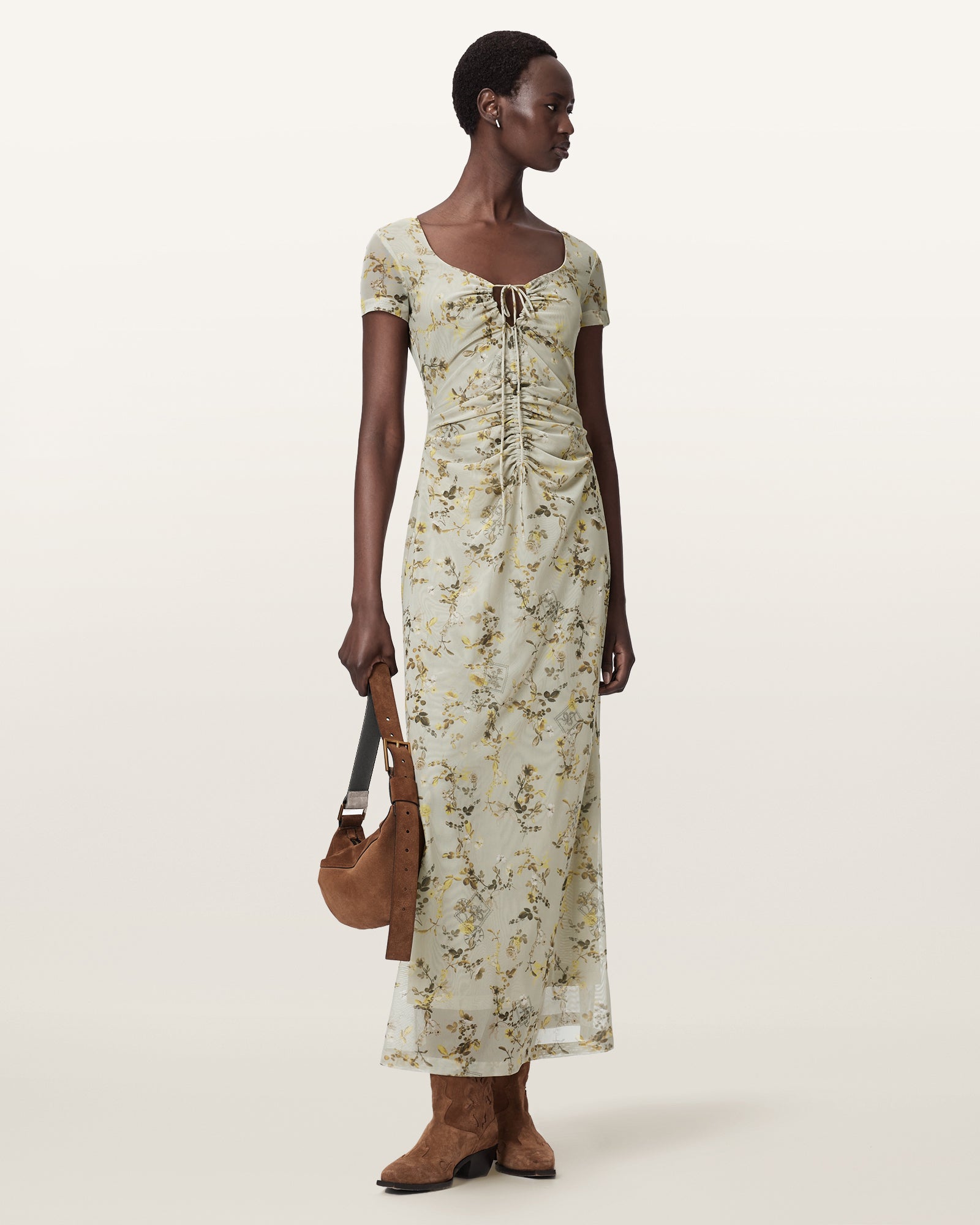 CARMEL STEM GREEN Color Gabby Mesh Dress from AllSaints