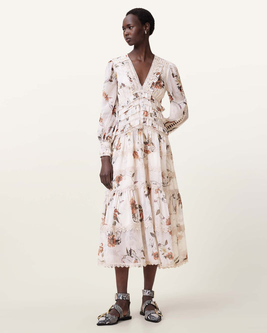 UNITY ECRU WHITE Color Zora Midi Dress from AllSaints